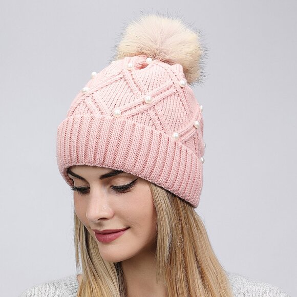 2/$30 Beige Stylish Knit Beanie with Faux Fur Pom-Pom & Pearl Embellishments - Picture 4 of 5